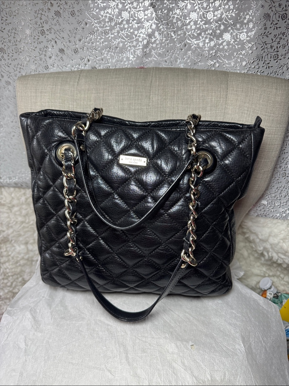 kate spade Black Quilted Leather Chain-Detail Tote
